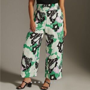 Anthropologie - “Saria” smocked Floral Green Wide-Leg Pants